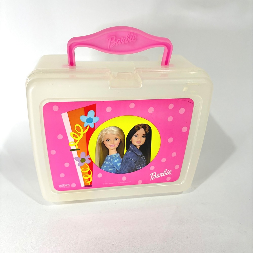 Vintage 2001 Barbie Thermos Plastic Lunch Box Pink Polka Dot Y2K Mattel Case